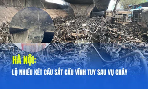 Lộ nhiều kết cấu sắt trên thân và trụ cầu sau vụ cháy bãi xe ở gầm cầu Vĩnh Tuy (Hà Nội)
